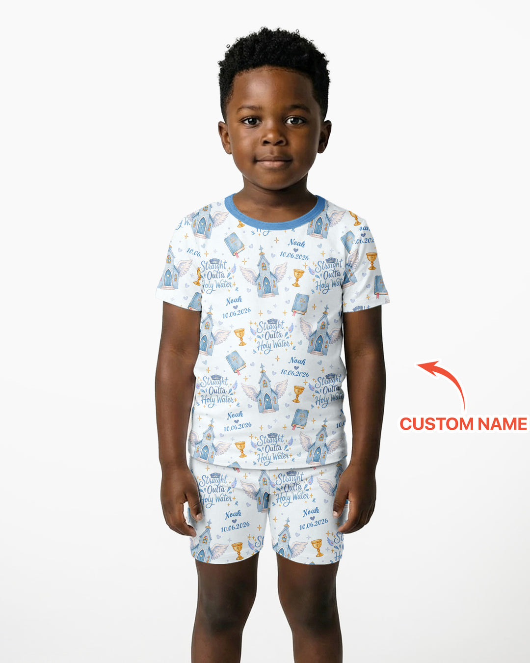Custom Name Baptism Christening Straight Outta Holy Water Bamboo Two Piece Short Sleeve Shorts Pajama Set