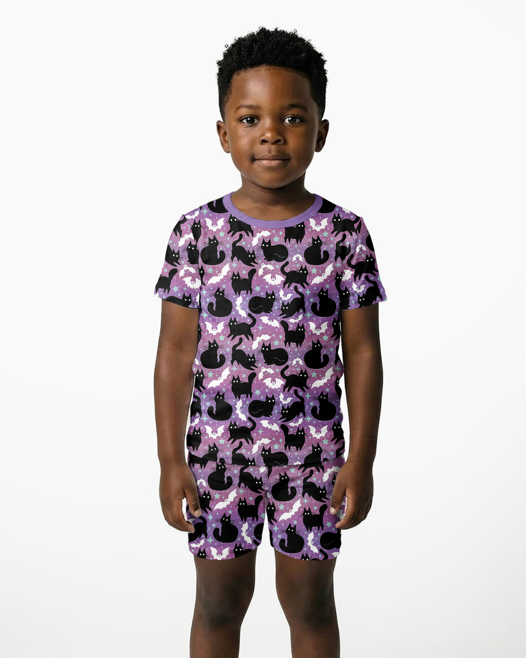 Spooky Black Cat Halloween Purple Bats Bamboo Two Piece Short Sleeve Shorts Pajama Set