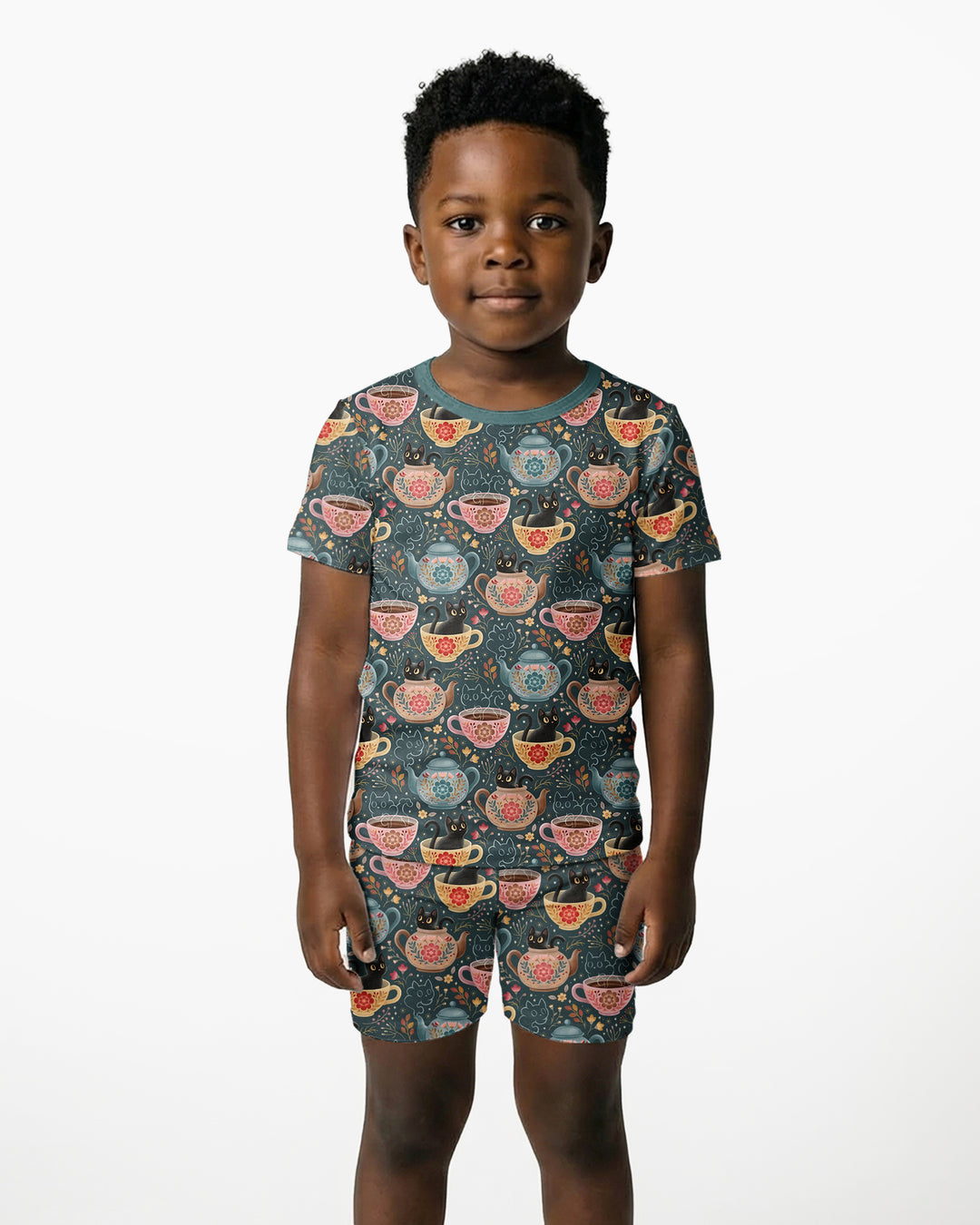 Folk Floral Black Cat Tea Party Bamboo Two Piece Short Sleeve Shorts Pajama Set
