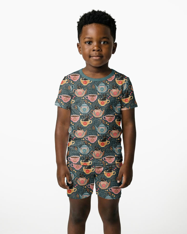 Folk Floral Black Cat Tea Party Bamboo Two Piece Short Sleeve Shorts Pajama Set