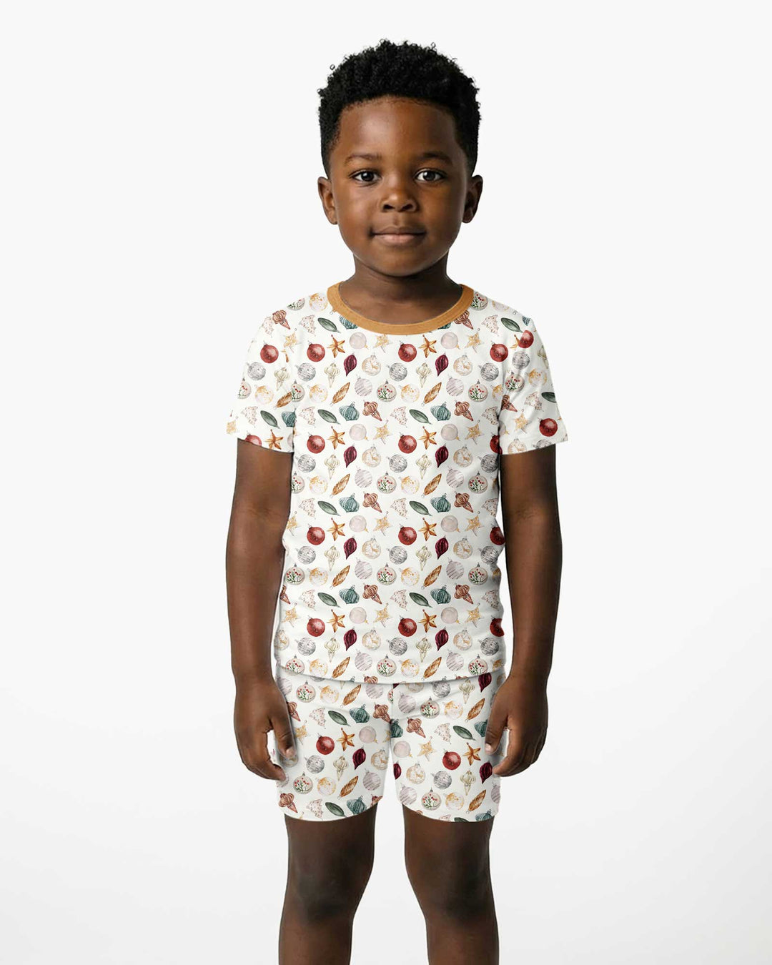 Watercolor Christmas Ornaments Bamboo Two Piece Short Sleeve Shorts Pajama Set