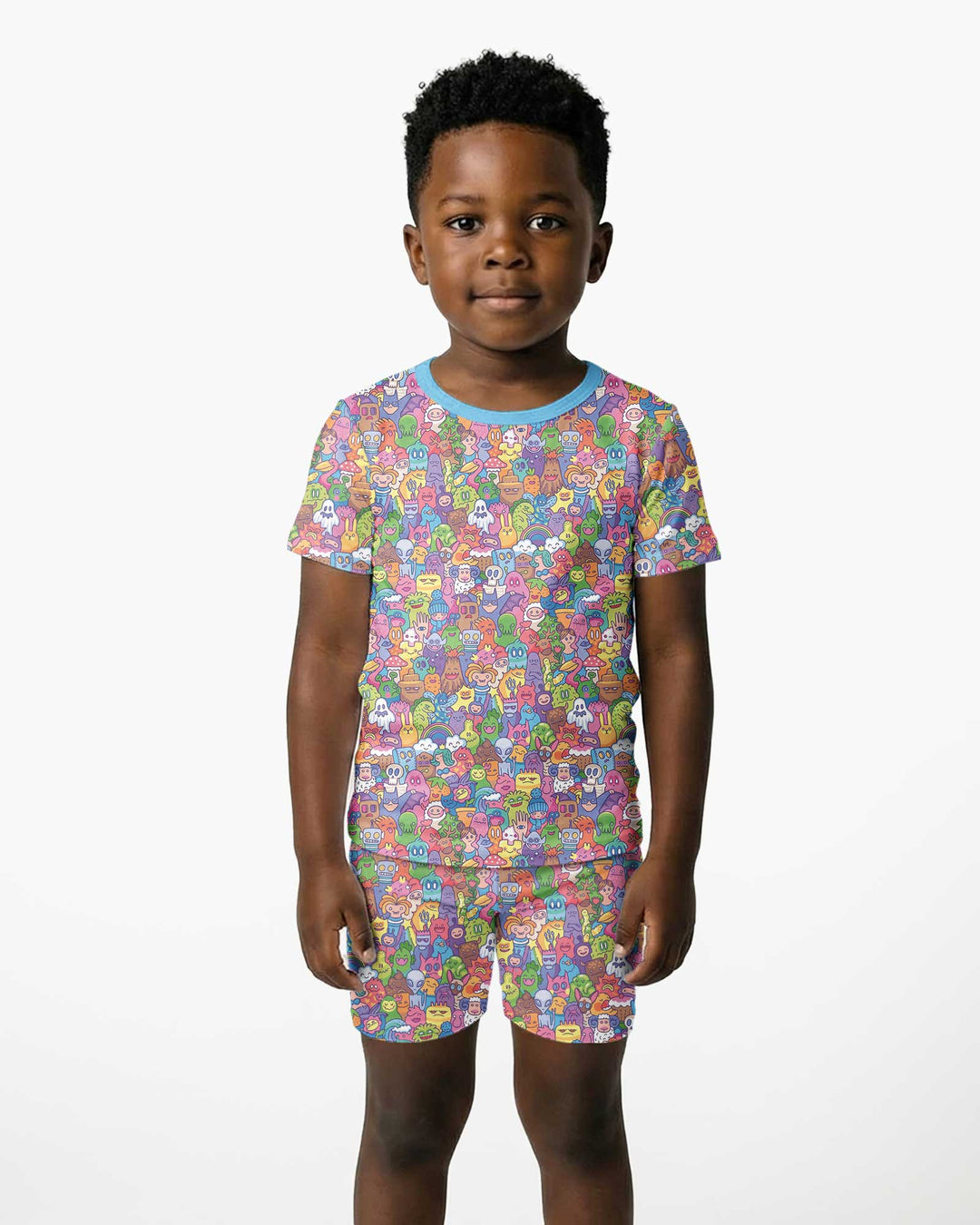 Doodle Characters Pastel Bamboo Two Piece Short Sleeve Shorts Pajama Set