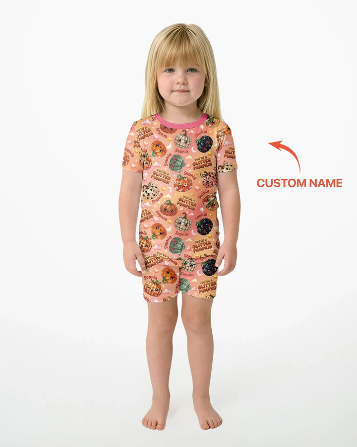 Custom Name You're A Glitter Pumpkin Bamboo Two Piece Short Sleeve Shorts Pajama Set
