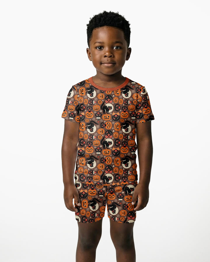 Vintage Halloween Black Cat Pumpkin Bamboo Two Piece Short Sleeve Shorts Pajama Set
