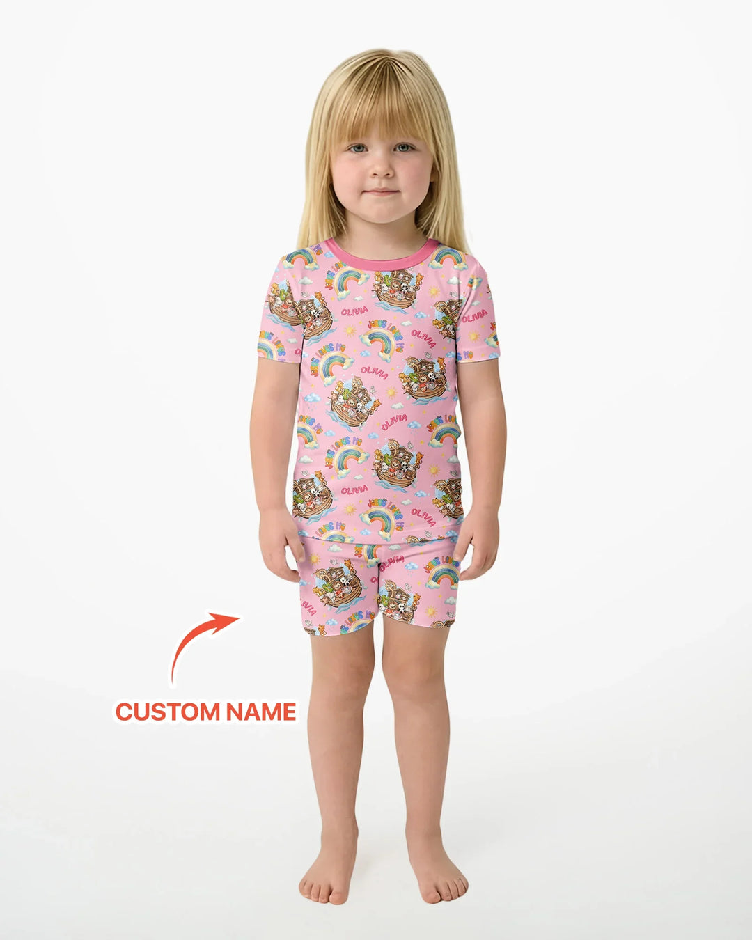 Custom Name Jesus Loves Me Noah's Ark Bamboo Two Piece Short Sleeve Shorts Pajama Set