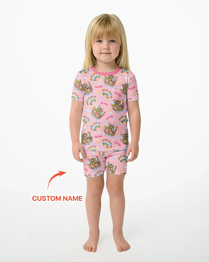 Custom Name Jesus Loves Me Noah's Ark Bamboo Two Piece Short Sleeve Shorts Pajama Set