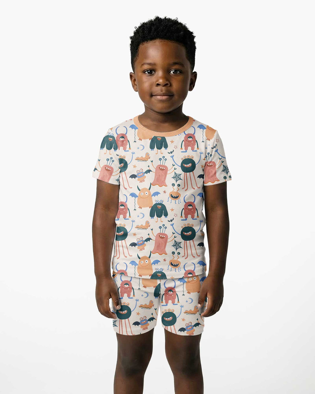 Monsters Fun Pastels Hand Painted Cute Bamboo Two Piece Short Sleeve Shorts Pajama Set