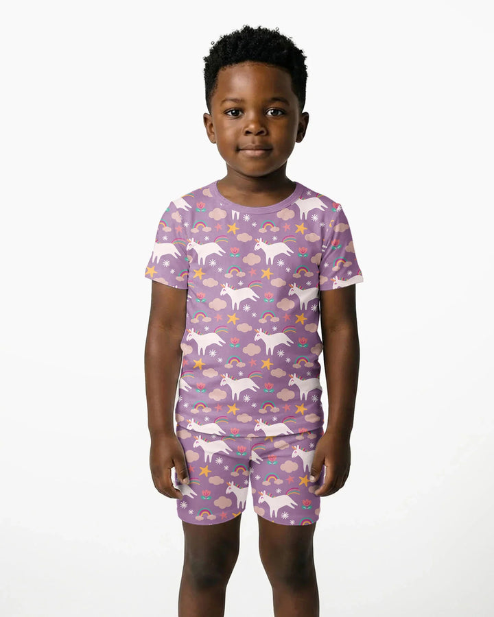 Lila Einhörner Bambus Zweiteiler Kurzarm Shorts Pyjama Set