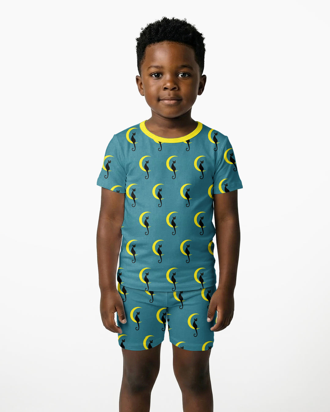 Black Cat Crescent Moon Celestial Night Bamboo Two Piece Short Sleeve Shorts Pajama Set