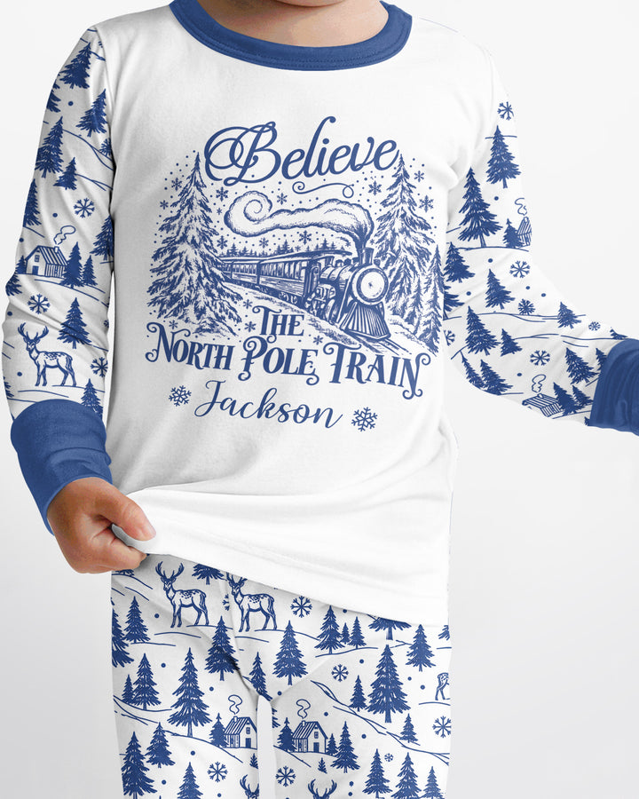 Custom Name North Pole Train Bamboo Two Piece Long Sleeve Pajama Set