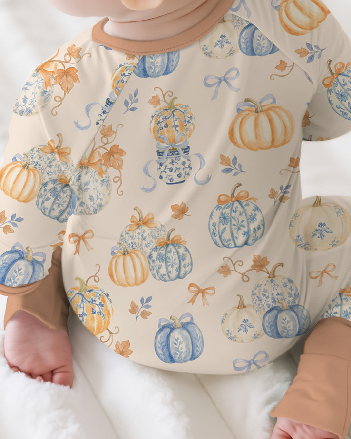 Preppy Blue and Orange Chinoiserie Pumpkin Bamboo Convertible Zippy