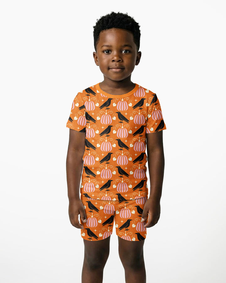 Ravens in a Pumpkin Patch - Orange Pink Bamboo Two Piece Short Sleeve Shorts Pajama Set