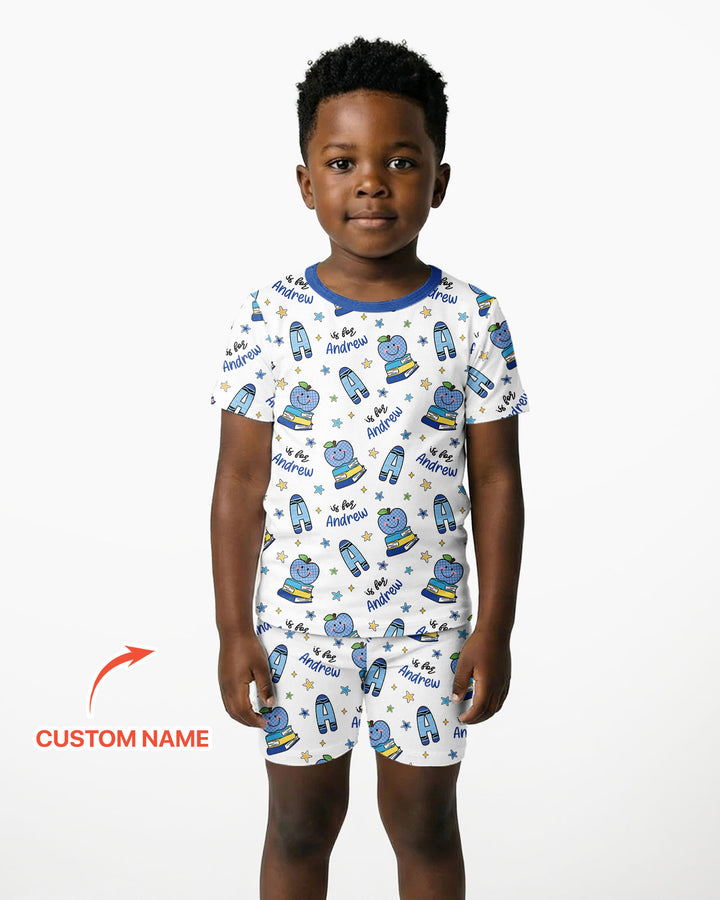 Custom Name Crayon Alphabet Bamboo Two Piece Short Sleeve Shorts Pajama Set