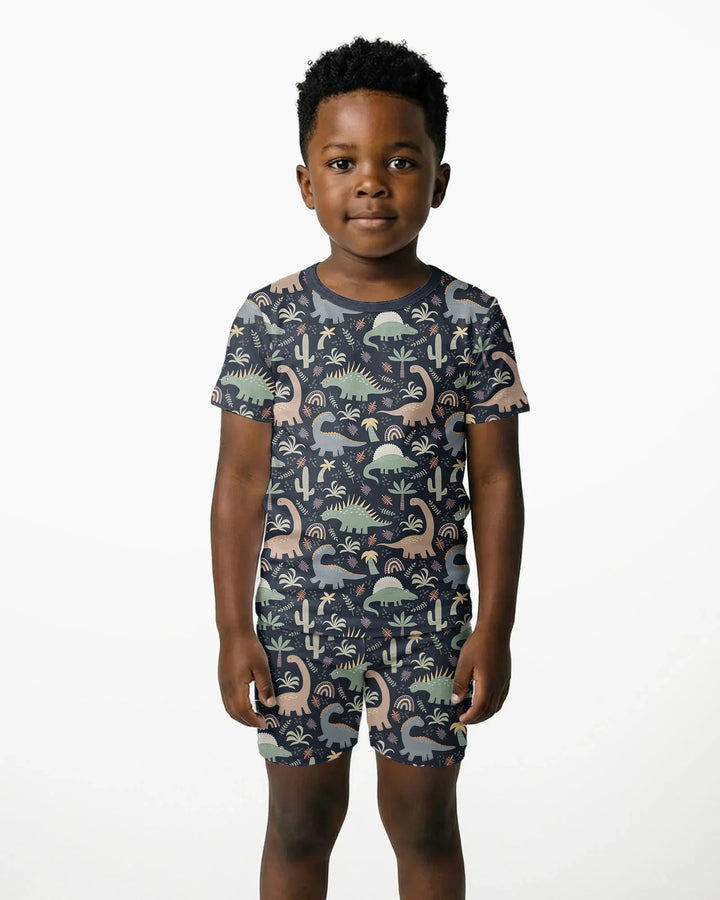 Navy Jurassic Jungle Bamboo Two Piece Short Sleeve Shorts Pajama Set