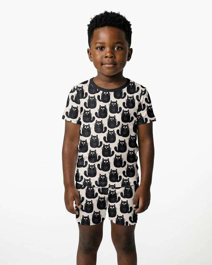 Moody Black Cats in Black and White Bamboo Two Piece Short Sleeve Shorts Pajama Set