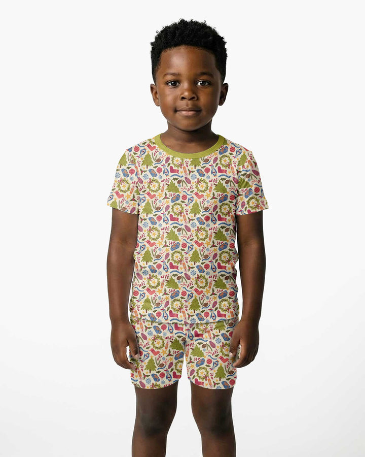 All Over Christmas Fun Bamboo Two Piece Short Sleeve Shorts Pajama Set