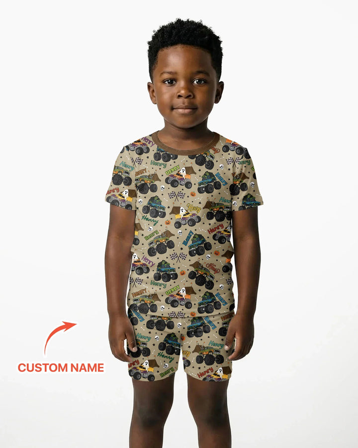 Custom Name Halloween Creepy Crusher Family Matching Bamboo Two Piece Short Sleeve Shorts Pajama Set