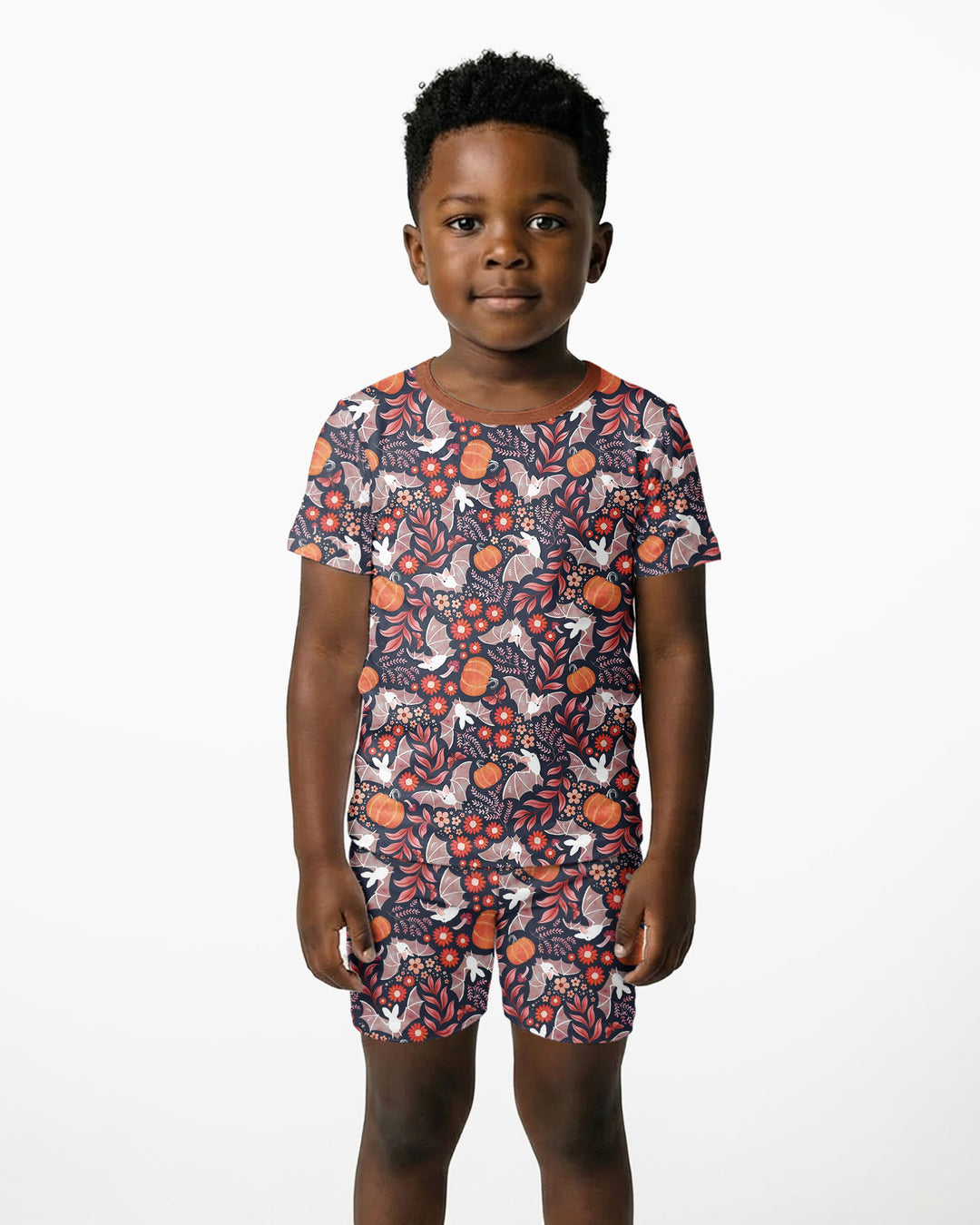 Bat Pumpkin Floral Halloween Bamboo Two Piece Short Sleeve Shorts Pajama Set