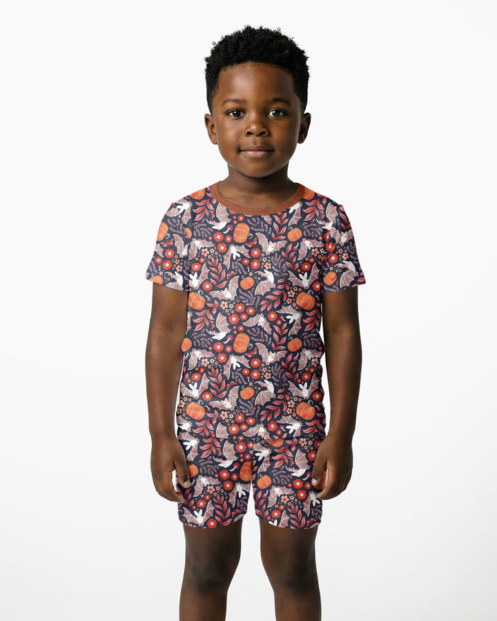 Bat Pumpkin Floral Halloween Bamboo Two Piece Short Sleeve Shorts Pajama Set