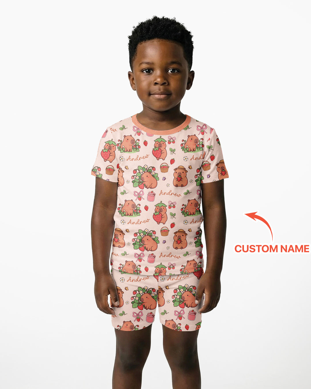 Custom Name Capybara Strawberry Bamboo Two Piece Short Sleeve Shorts Pajama Set