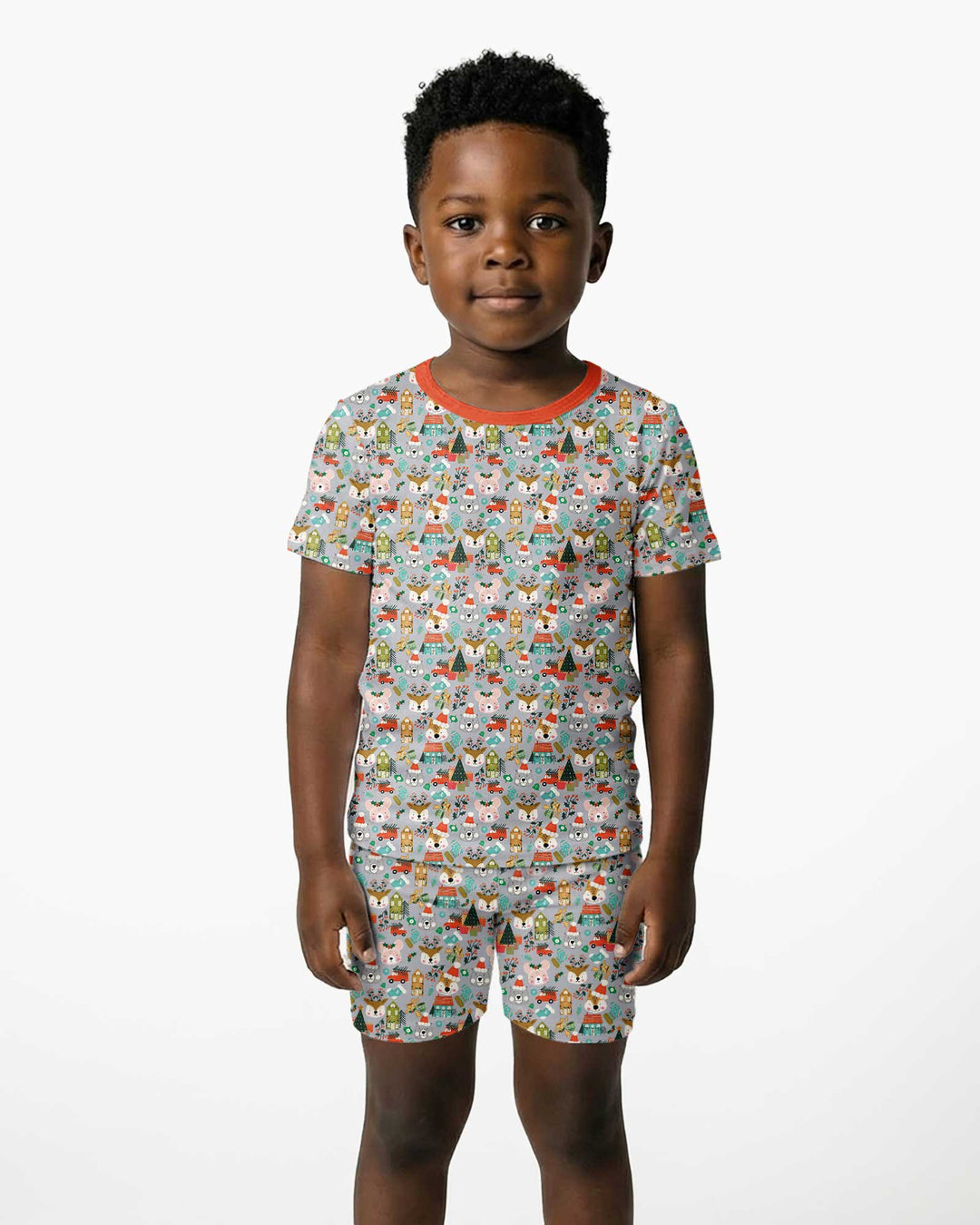 Christmas Woodland Deer Fox Bear Bamboo Two Piece Short Sleeve Shorts Pajama Set
