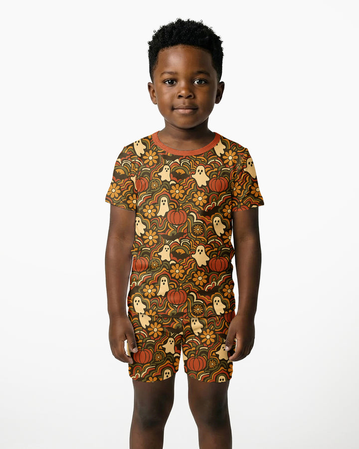 Retro Halloween Ghost Pumpkin Floral Bamboo Two Piece Short Sleeve Shorts Pajama Set