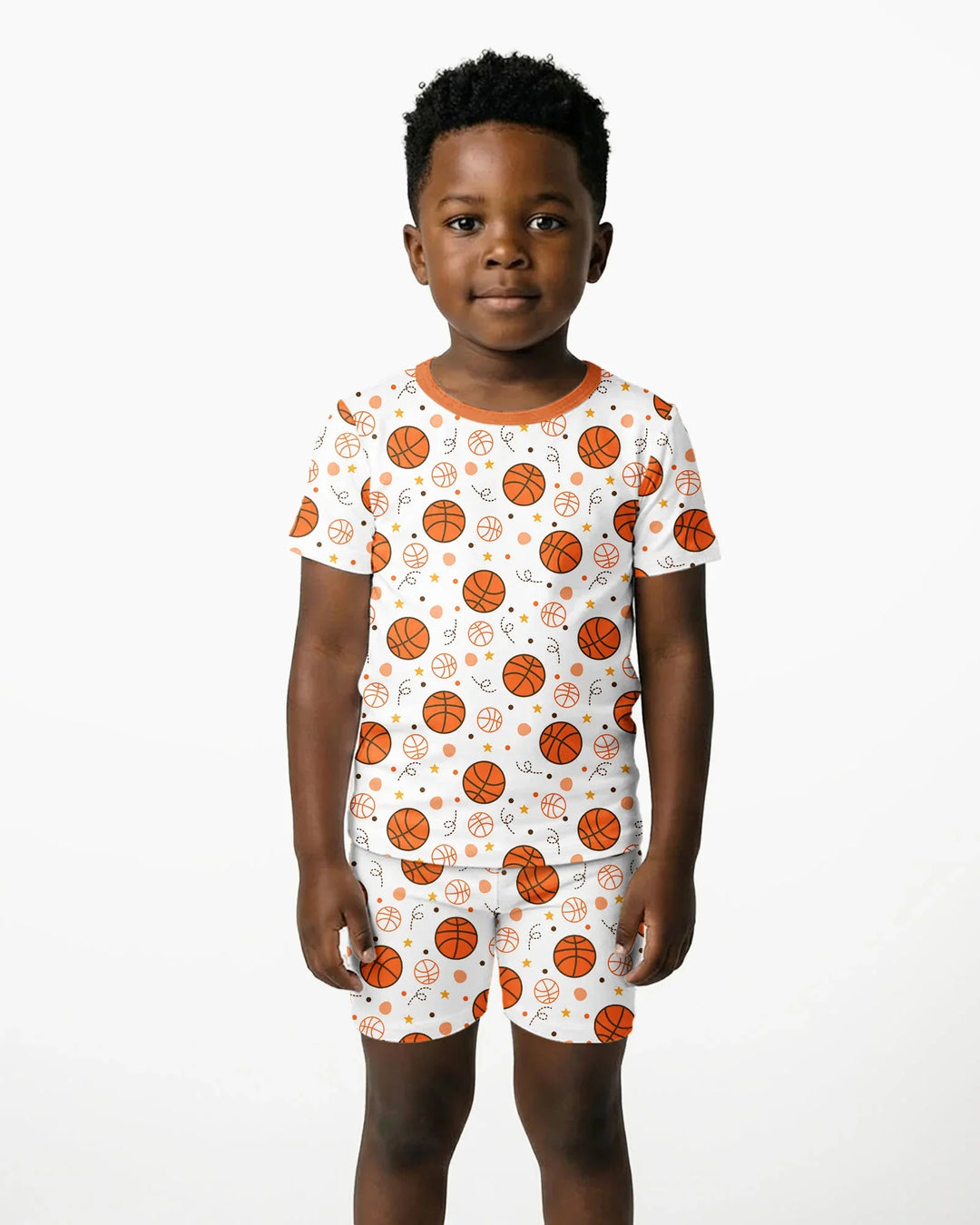 Orangefarbener Basketball-Bambus-Zweiteiler, Kurzarm-Shorts-Pyjama-Set