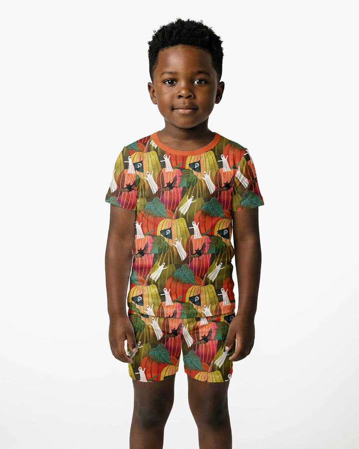 Big Pumpkin Field With Ghosts Bamboo Two Piece Short Sleeve Shorts Pajama Set