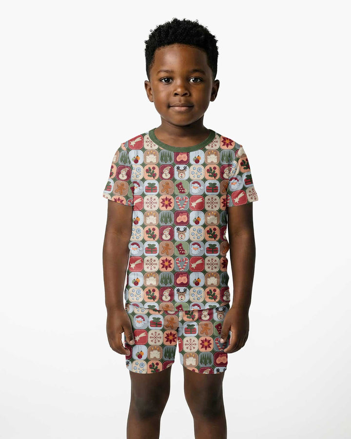 Christmas Felt Patchwork Bamboo Two Piece Short Sleeve Shorts Pajama Set