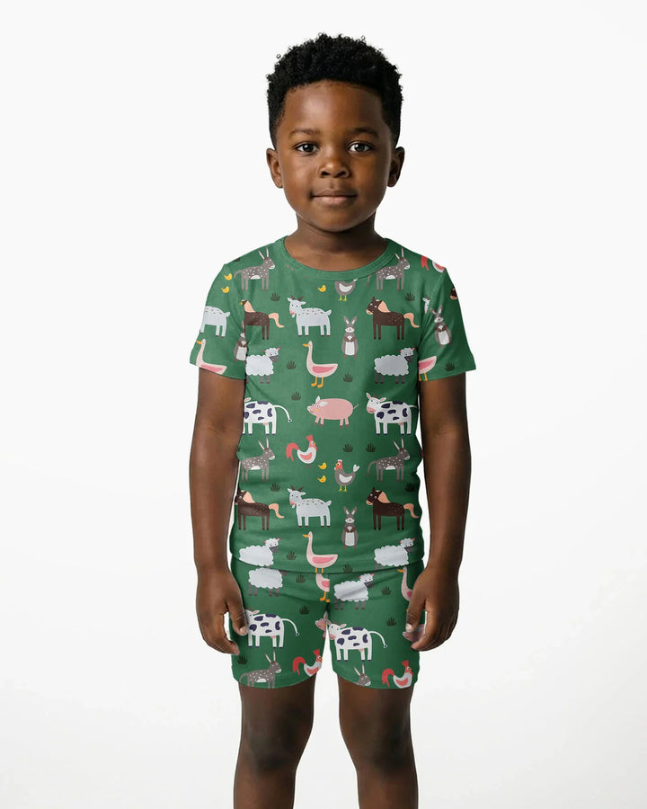 Green Farm Animals Bamboo Two Piece Short Sleeve Shorts Pajama Set