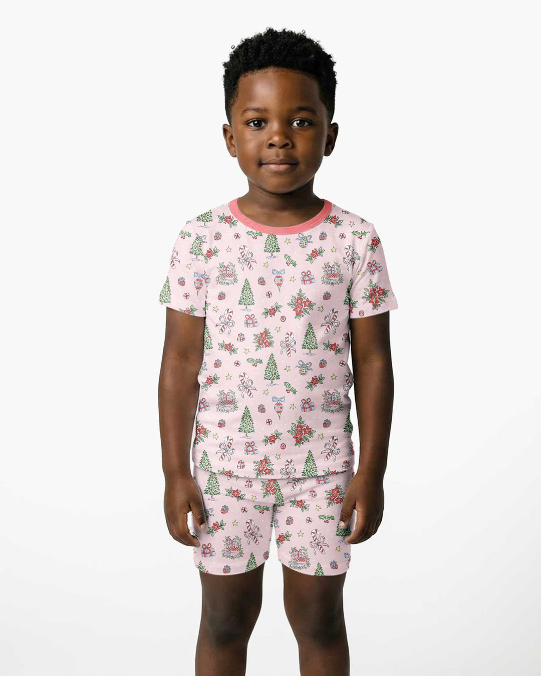 Watercolor Pink Christmas Holidays Christmas Tree Gifts Candy Cane Bamboo Two Piece Short Sleeve Shorts Pajama Set