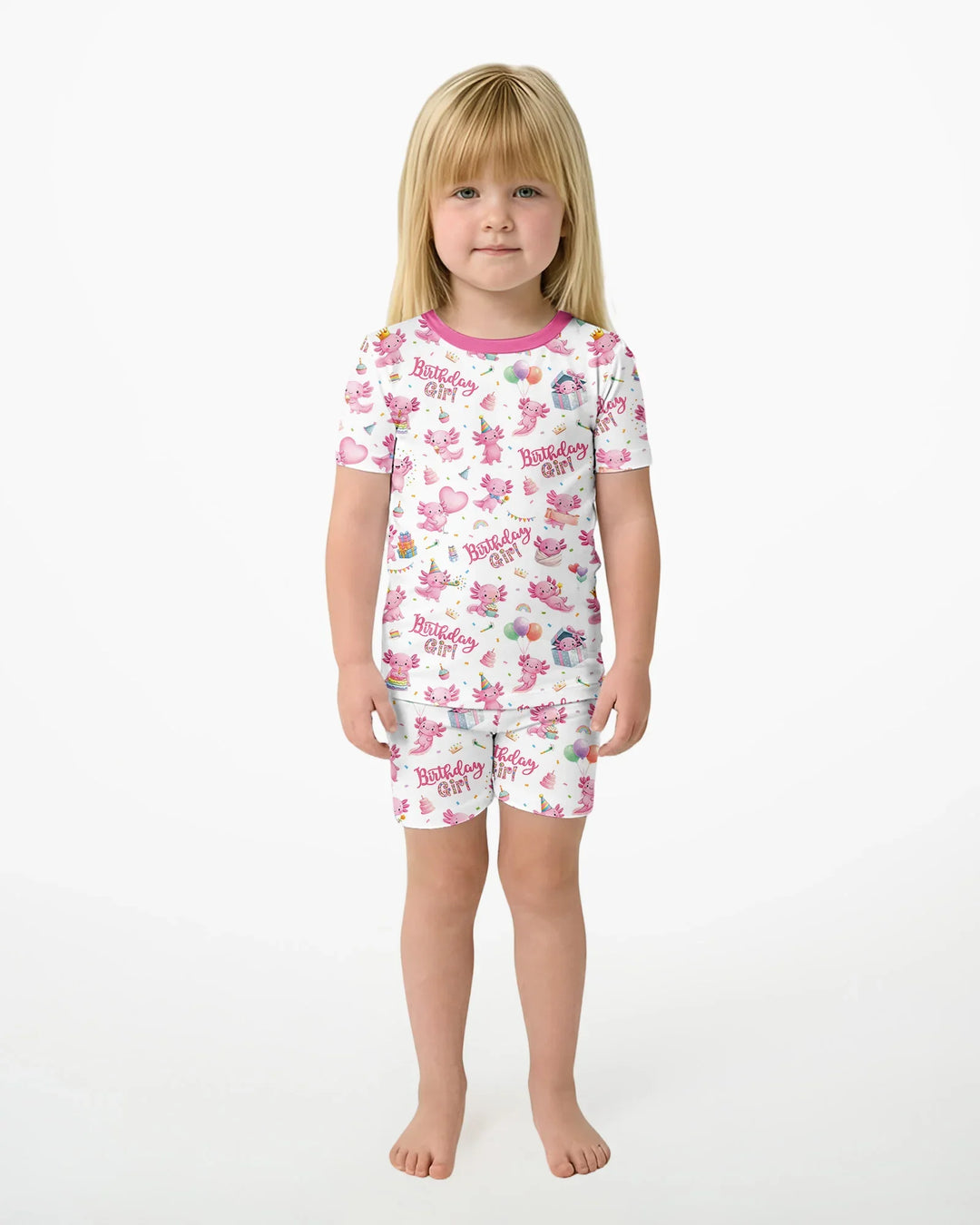 Cute Axolotl Birthday Girl Bamboo Two Piece Short Sleeve Shorts Pajama Set