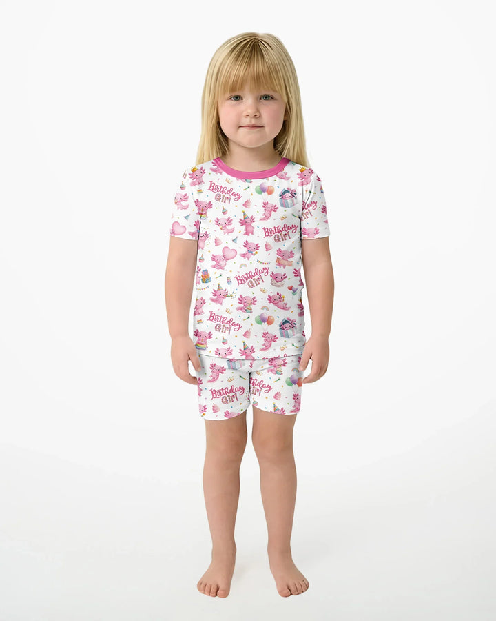 Cute Axolotl Birthday Girl Bamboo Two Piece Short Sleeve Shorts Pajama Set
