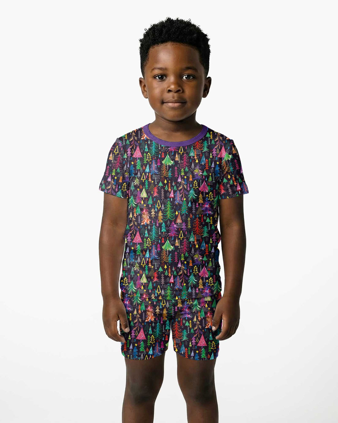Christmas Holiday Colorful Trees Bamboo Two Piece Short Sleeve Shorts Pajama Set