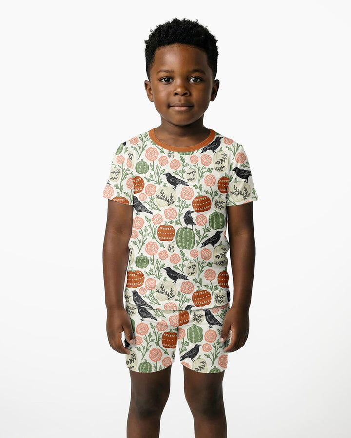 Country Crows with Mums and Pumpkins Bamboo Two Piece Short Sleeve Shorts Pajama Set