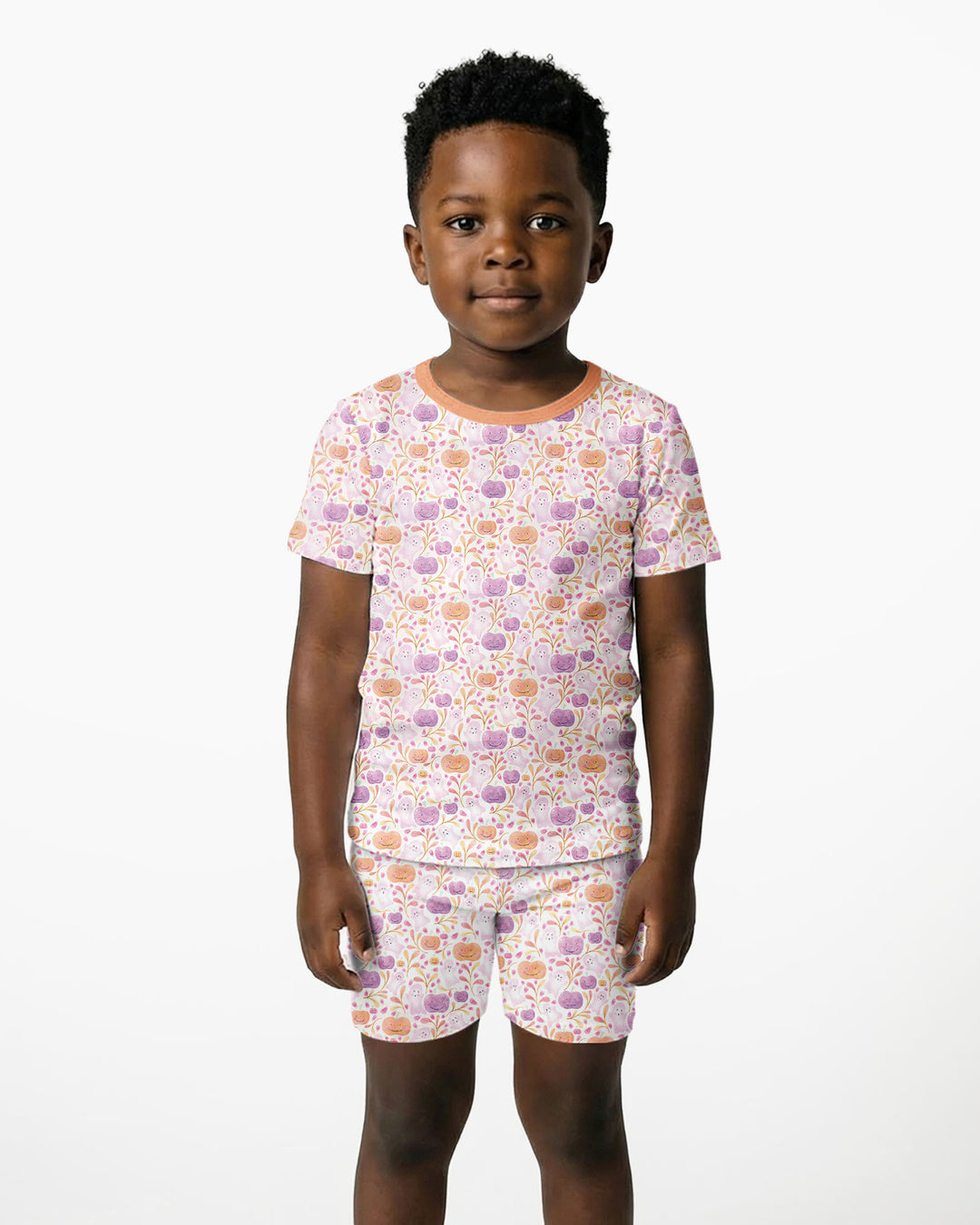 Pastel Pumpkins and Ghosts Bamboo Two Piece Short Sleeve Shorts Pajama Set