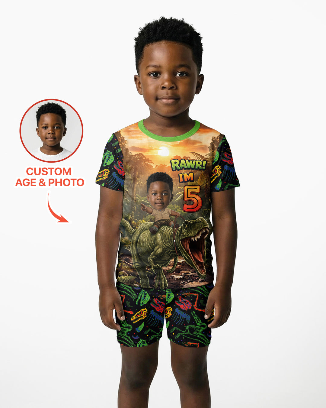 Custom Photo Dino Rawr Birthday Bamboo Two Piece Short Sleeve Shorts Pajama Set