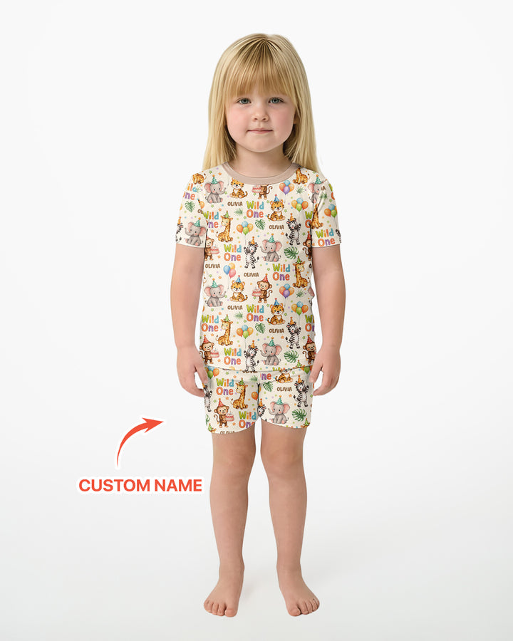 Custom Name 1st Birthday Wild One Bamboo Two Piece Short Sleeve Shorts Pajama Set