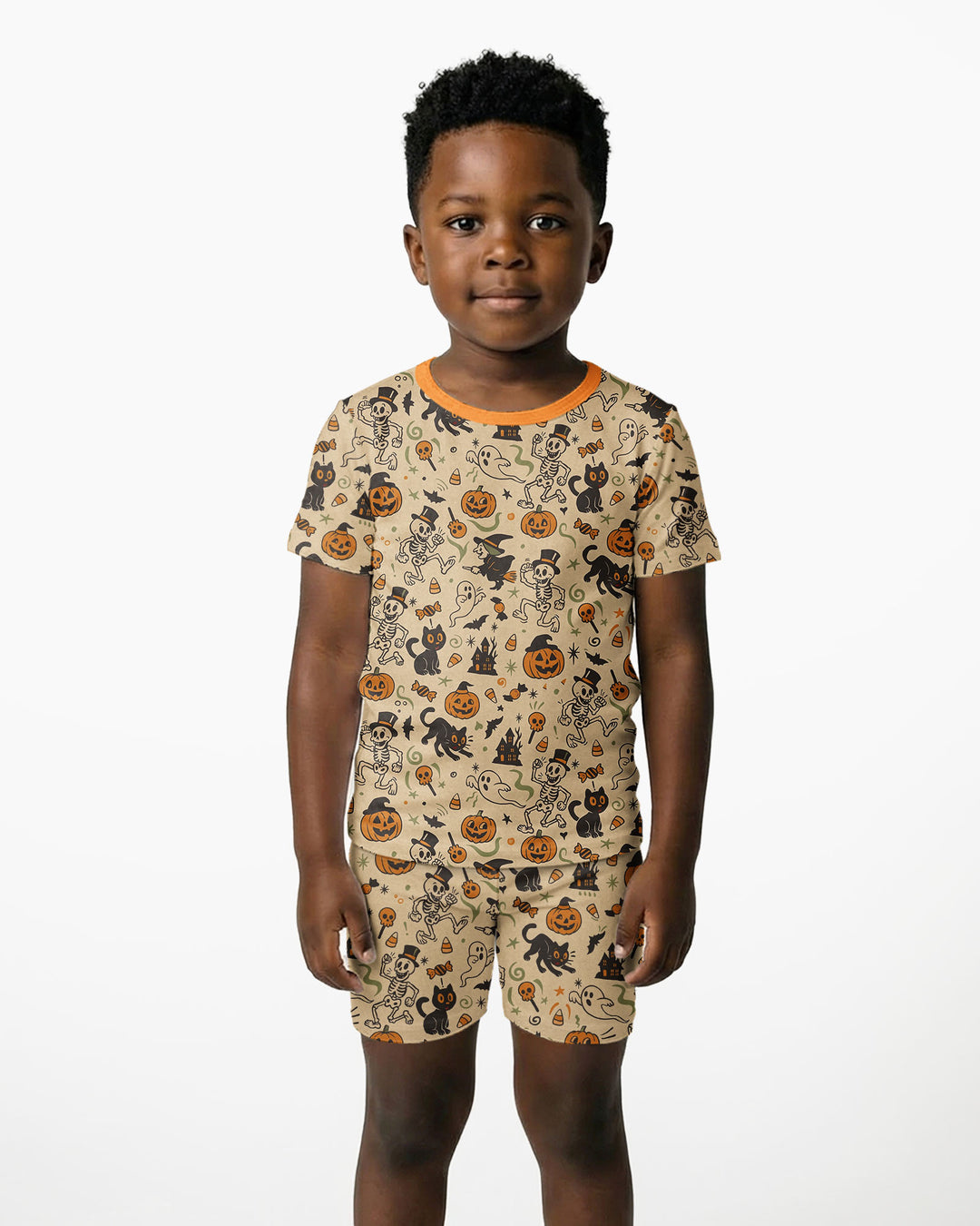 Vintage Skeleton Pumpkin Halloween Bamboo Two Piece Short Sleeve Shorts Pajama Set