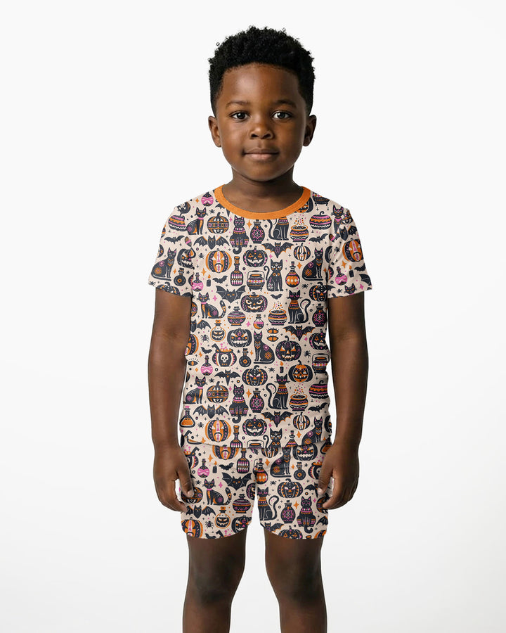 Whimsical Tribal Retro Halloween Black Cats Pumpkins Bamboo Two Piece Short Sleeve Shorts Pajama Set