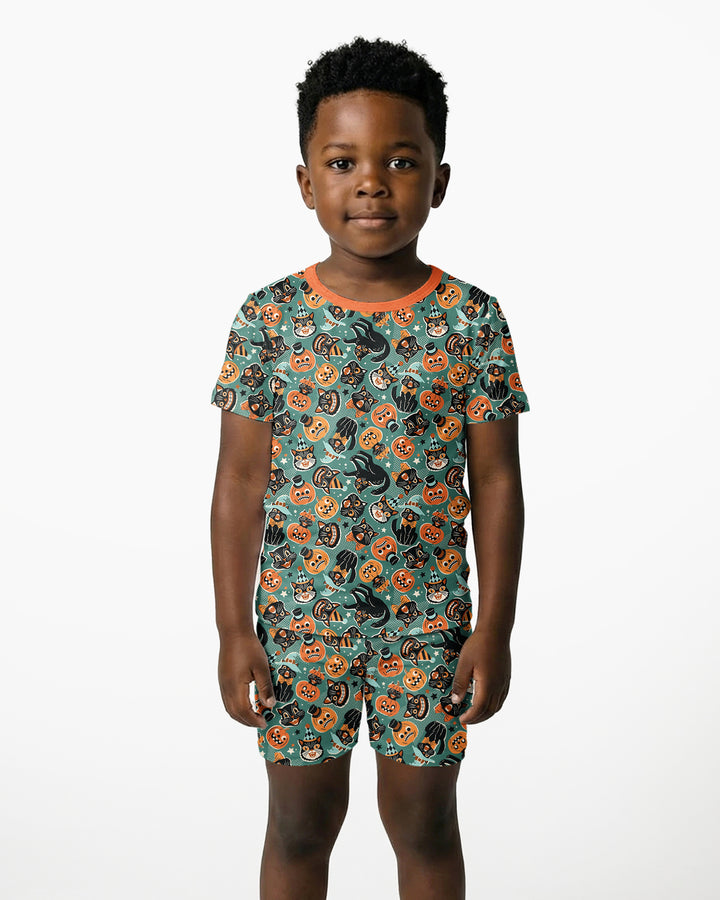 Retro Black Cat Witch Pumpkin Halloween Bamboo Two Piece Short Sleeve Shorts Pajama Set