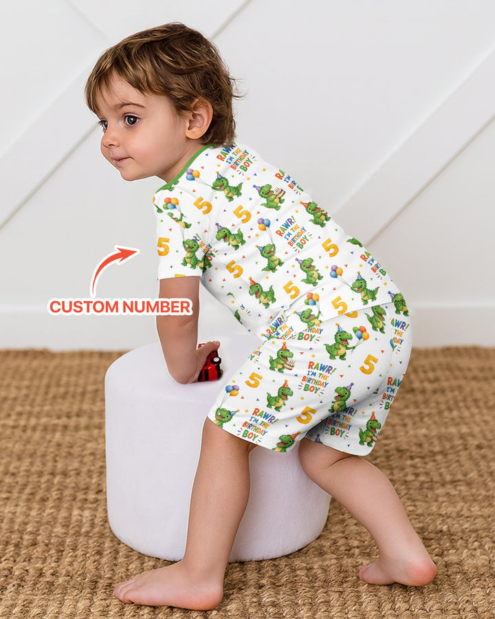 Personalized Dinosaur Birthday Boy Bamboo Two Piece Short Sleeve Shorts Pajama Set