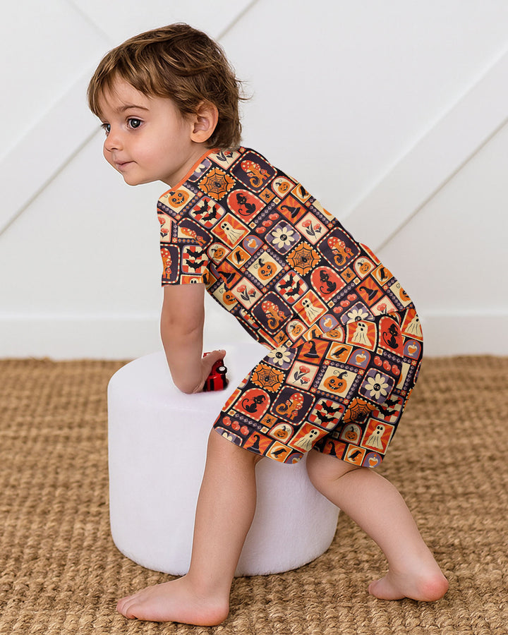 Retro Halloween Patchwork Icons Bamboo Two Piece Short Sleeve Shorts Pajama Set