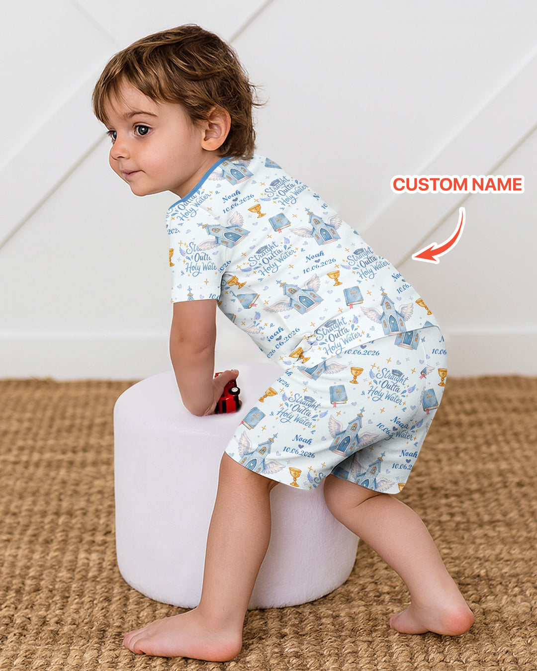 Custom Name Baptism Christening Straight Outta Holy Water Bamboo Two Piece Short Sleeve Shorts Pajama Set