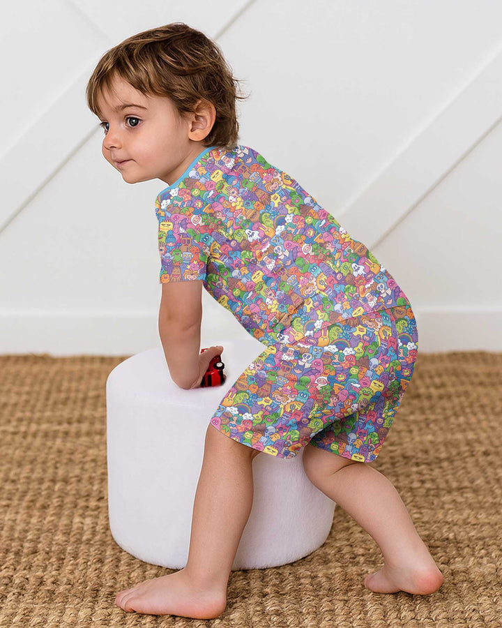 Doodle Characters Pastel Bamboo Two Piece Short Sleeve Shorts Pajama Set