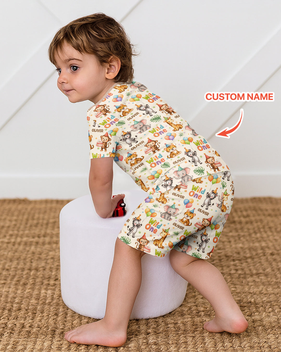 Custom Name 1st Birthday Wild One Bamboo Two Piece Short Sleeve Shorts Pajama Set