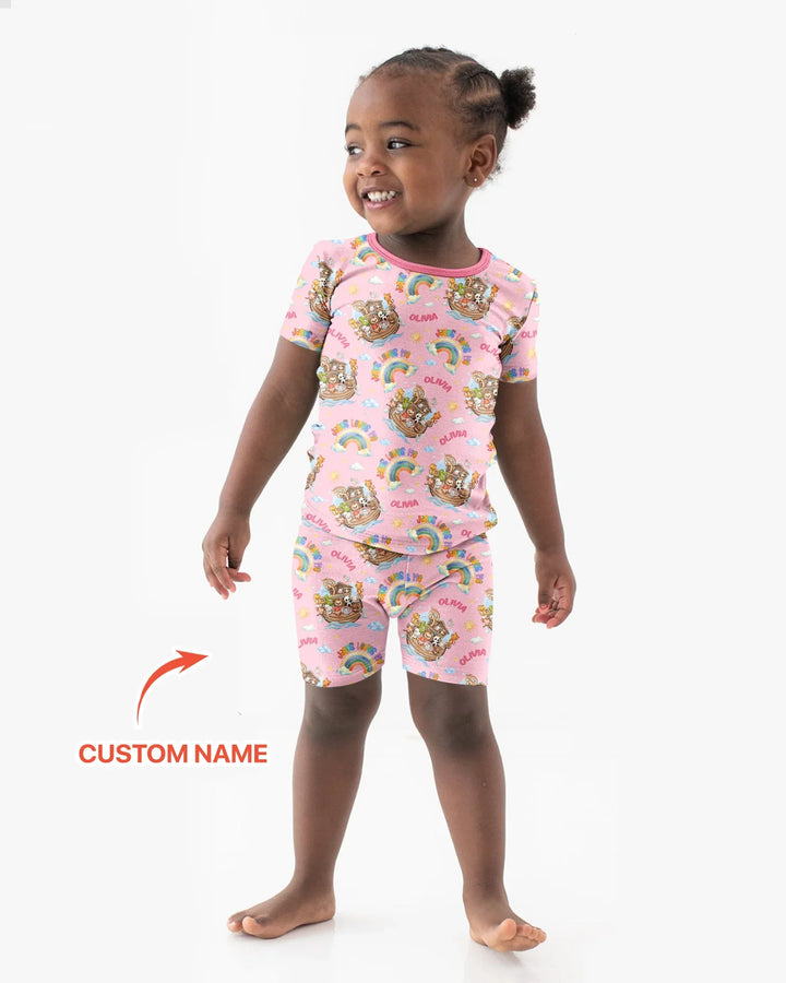 Custom Name Jesus Loves Me Noah's Ark Bamboo Two Piece Short Sleeve Shorts Pajama Set