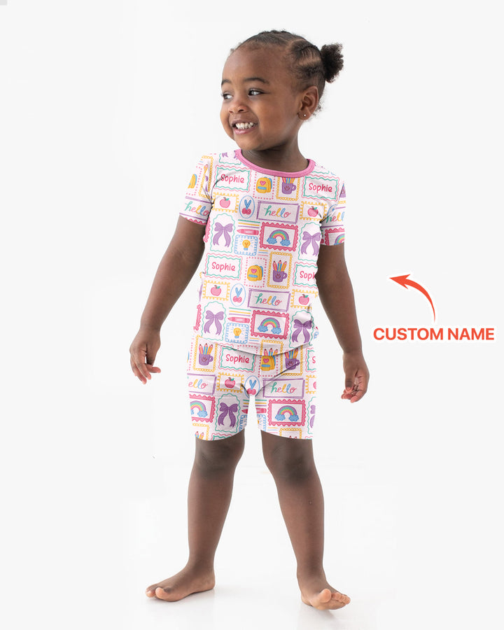 Custom Name Hello School Bamboo Two Piece Short Sleeve Shorts Pajama Set