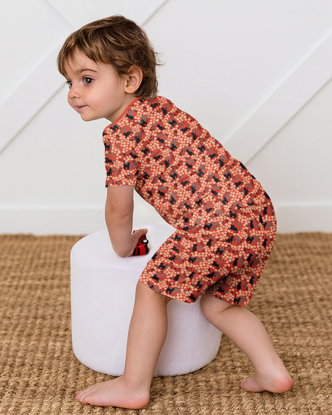 Black Cat Ditsy Bamboo Two Piece Short Sleeve Shorts Pajama Set