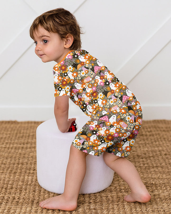 Retro Ghost Mushroom Floral Halloween Bamboo Two Piece Short Sleeve Shorts Pajama Set